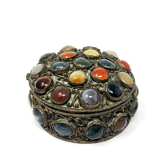 Vintage Filigree Semi Precious Stone Round Box